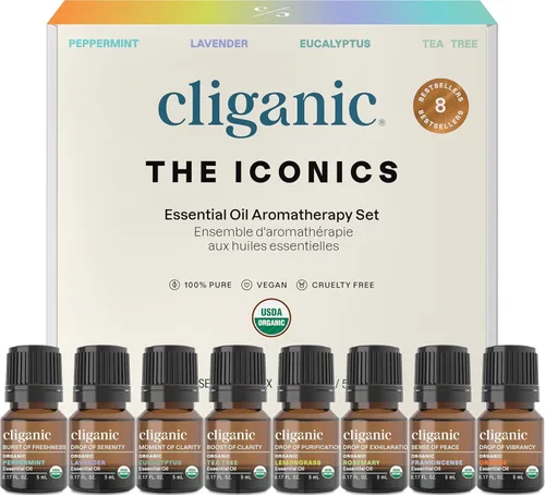 Cliganic Set de regalo de aceites esenciales de aromaterapia orgánicos (Top 8 - The Iconics), 100% puros - menta, lavanda, eucalipto, árbol del té,
