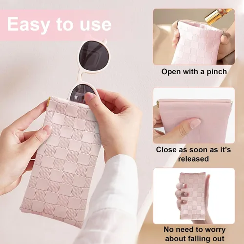 Vista 5 de Estuche para lentes de sol suaves para mujer, 4 piezas, portátil, con parte superior apretable, a cuadros