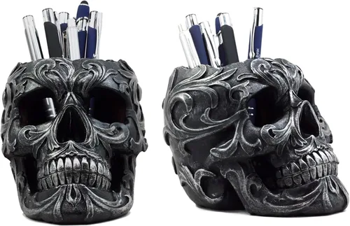 Ebros Gift Juego de 2 figuras tribales de tatuaje floral para bolígrafo, 5.75 pulgadas de largo, para oficina, osario, decoración de cráneo, cabeza