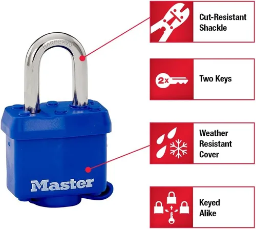 Vista 2 de Master Lock 312TRI Candado laminado con llave y carcasa termoplástica, azul, paquete de 3 con llave similar, 1-9/16 pulgadas