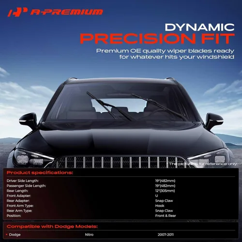Vista 2 de A-Premium Juego de 3 limpiaparabrisas con indicador de desgaste y toalla, compatible con Dodge Nitro 2007-2011, juego de escobillas