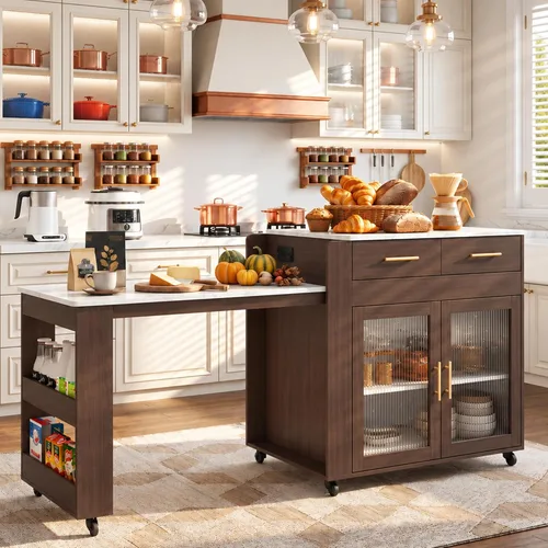 HLR Isla de cocina extensible de 72 pulgadas con almacenamiento, mesa de isla con ruedas con encimera de grano de mármol y toma de corriente Marrón