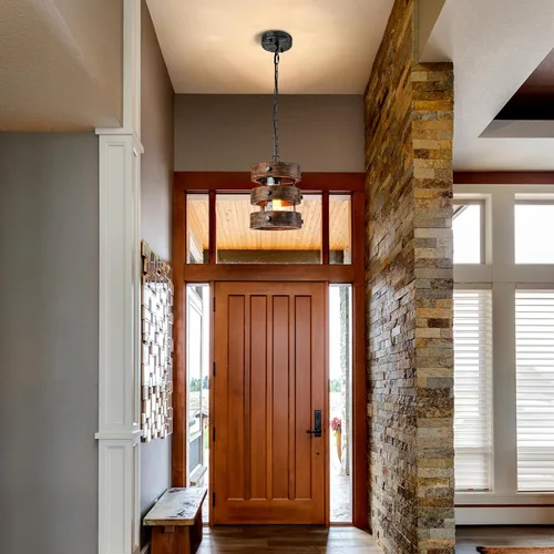 Vista 4 de Paquete de 2 Luces Colgantes de Madera Estilo Granja para Isla de Cocina, Accesorios de Iluminación para Comedor sobre Mesa, Lámpara de Araña