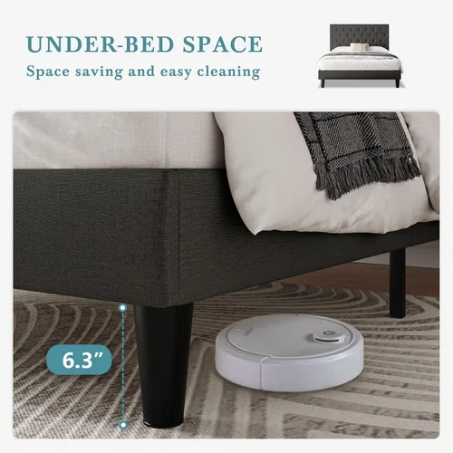 Vista 7 de HOOMIC Base de cama tapizada de tela de tamaño matrimonial con cabecera ajustable de diamante, base de colchón, listones de madera, no necesita Gris