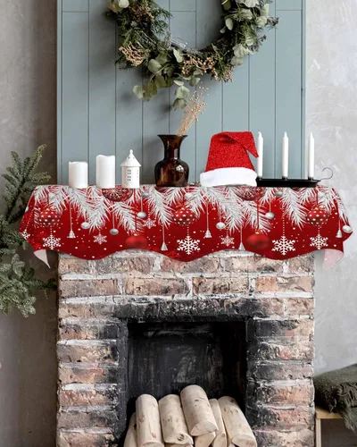 Vista 5 de Bufanda roja de Navidad para chimenea, decoraciones para repisa de chimenea, bolas de Navidad, copo de nieve, hojas de pino plateadas, cubierta