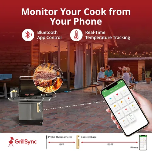 Vista 2 de Termómetro inalámbrico de carne con sincronización para parrilla, ahumar, cocinar con Bluetooth con sonda de sensor dual, control inteligente