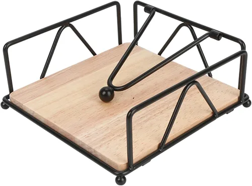 Napkin Holder for Table, Square Metal Napkin Holder with Weight Arm Freestanding Paper Tissue Dispenser with Wooden Base for Dinning Kitchen Black