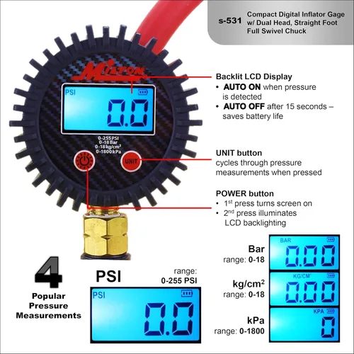 Vista 5 de Milton S-531 Inflador de neumáticos digital compacto con manómetro, 255 PSI, portabrocas de aire de cabeza recta, manguera de 15 pulgadas, esfera