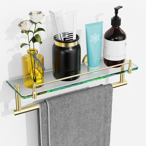 Estante de baño flotante de vidrio templado de 16 pulgadas con toallero, oro cepillado y acero inoxidable, montaje en pared