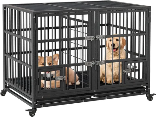 42-Inch Escape-Proof Dog Crate, Indestructible Steel Dog Kennel with Locking Wheels, Anxiety Relief Pet Cage for MediumLarge Dogs, IndoorOutdoor Use