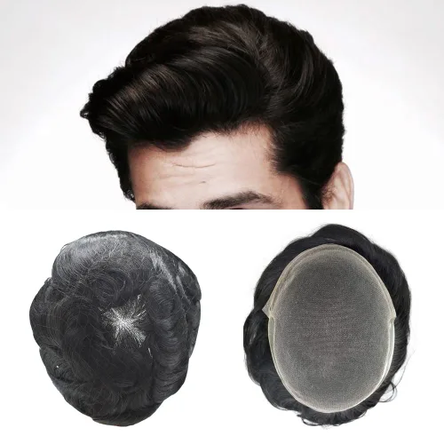 Vista 35 de Tupé de encaje suizo para hombres, piezas de cabello humano real, encaje frontal, sistema de reemplazo de cabello tipo tupé, nudo blanqueado, línea