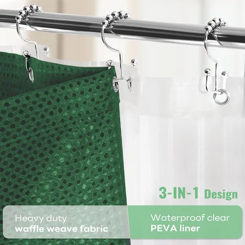 Vista 112 de Cortina de ducha de tela Dynamene verde oscuro - Cortinas de baño de tela de nido de abeja texturizadas resistentes, juego de cortinas de baño