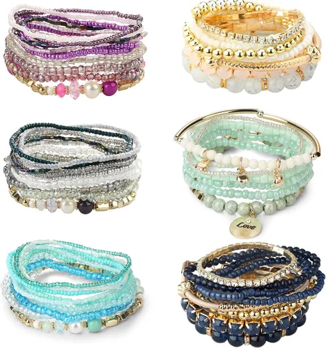 LOYALLOOK Juego de 6 pulseras de cuentas apilables bohemias para mujer pulseras elásticas estilo bohemio elásticas de varias capas