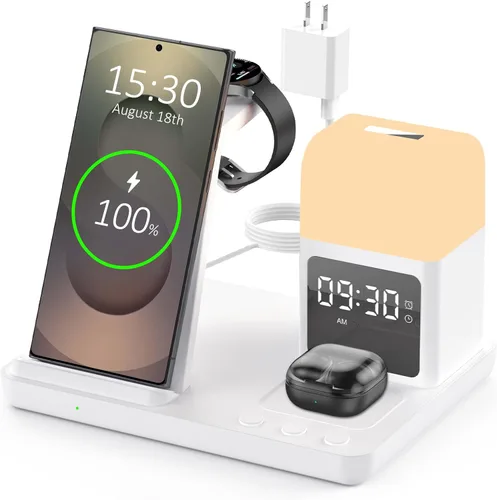 Vista 3 de Cargador inalámbrico para estación de carga Samsung/Android, cargador de reloj rápido 6 en 1 con reloj despertador, luz nocturna, compatible