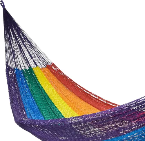 Vista 3 de NOVICA Hamaca de cuerda maya de nailon tejida a mano multicolor arcoíris a rayas para 1 persona, soñando con arcoíris (individual)