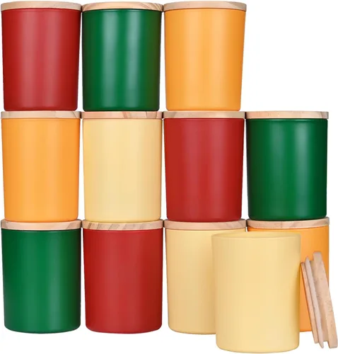 SHOWIN Tarros gruesos para hacer velas, 12 unidades, tarros vacíos de 7 onzas con tapas de madera para hacer velas, contenedor de muestra, Navidad