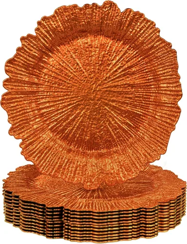 Vista 13 de MAONAME Platos Base Naranjas, Platos Base de Arrecife para Plato de Cena, Platos Base de Plástico de 13 Pulgadas para Decoración de Bodas, Juego de 6