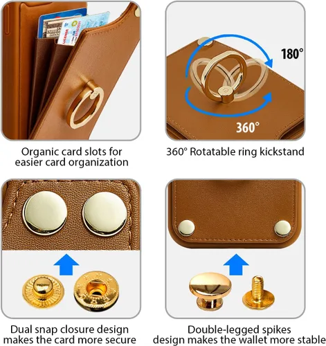 Vista 8 de LAMEEKU Funda tipo cartera para iPhone 15 Pro con soporte para tarjetas, funda de piel sintética con ranuras para tarjetas, soporte de anillo