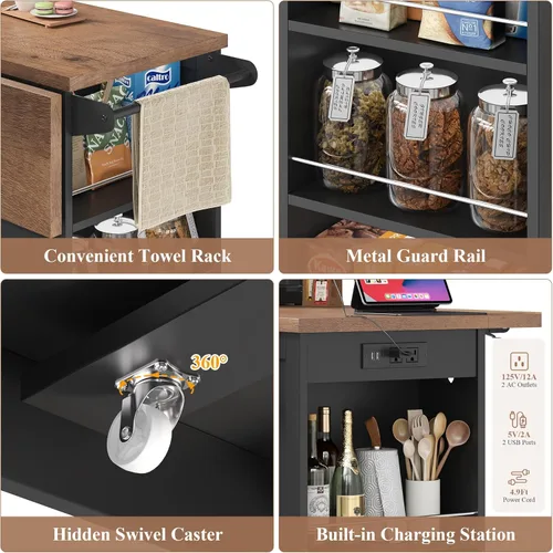 Vista 8 de Keyluv Isla de almacenamiento de cocina con 2 taburetes, carrito de cocina móvil de 51 pulgadas con hoja de caída y toma de corriente, mesa de isla