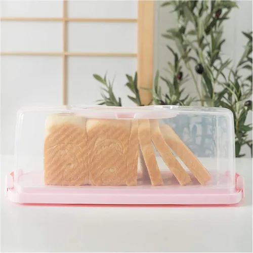 Vista 7 de Panera rectangular de plástico con mango portátil, caja de almacenamiento para pasteles de pan para almacenar pan de plátano, pan de calabaza