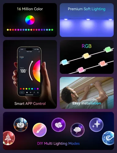 Vista 3 de Luces de Navidad Permanentes para Exteriores de 200 Pies para Casa, Tira LED RGB con Control por APP y Control Remoto, Luces de Alero Impermeables
