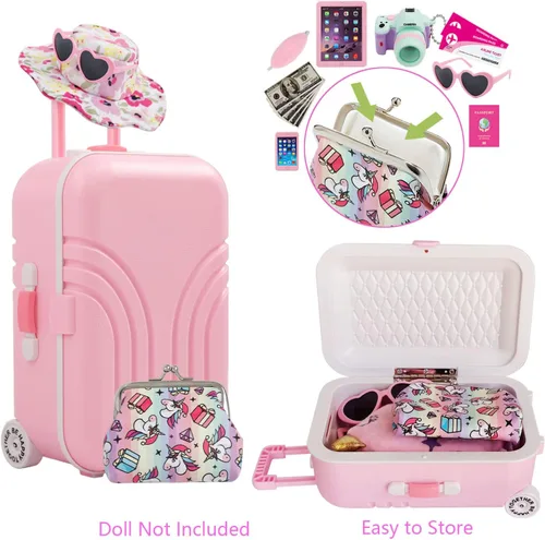 Vista 4 de Windolls Maleta para muñecas de 18 pulgadas, accesorios de viaje, accesorios de ropa para muñecas, juego de almacenamiento, funda, sombrero, gafas
