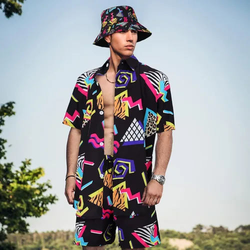 Vista 5 de Geosar Men's 2 Pcs 80s 90s Outfit for Men Hippie Shirts and Shorts Set with Hat Neon Disco Halloween Party Costume Clothes