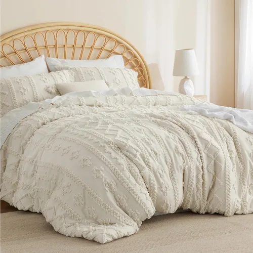 Vista 2 de Bedsure Juego de edredón bohemio copetudo, tamaño matrimonial, juego de edredón bohemio beige de 3 piezas, juego de cama bordado estilo rústico