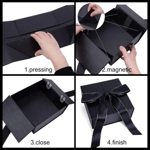 Vista 3 de JOHOUSE Caja de regalo negra, cajas de regalo de 8 x 8 x 3.5 pulgadas con tapas para regalos, cierre magnético con cinta para bodas, cumpleaños