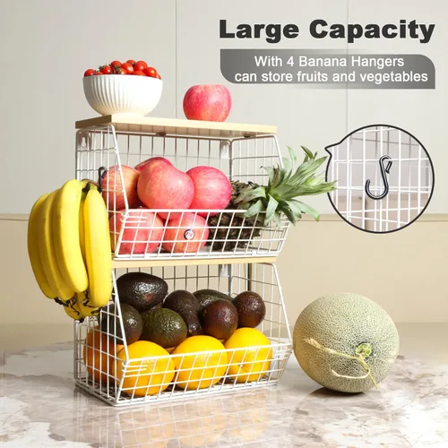 Vista 4 de Estante Magnético para Refrigerador con Tapa de Madera, Cesta de Frutas Resistente, Contenedores de Almacenamiento de Frutas, Papas y Cebollas
