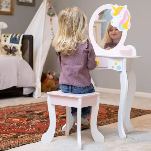 Vista 4 de Fat Brain Toys Unicorn Magic Vanity con espejo y taburete, juego de madera, 3+