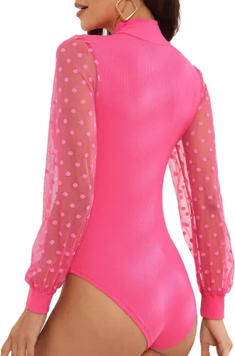 Vista 3 de EKAMO Body para mujer con cuello de tortuga, lunares, malla transparente, manga larga, acanalado