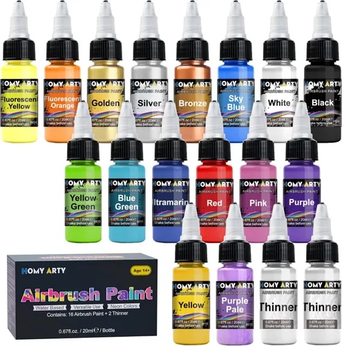 HOMY ARTY Pintura para Aerógrafo - 16 Colores con 2 Diluyentes, Lista para Rociar, a Base de Agua, Pintura Acrílica para Aerógrafo para Metal,
