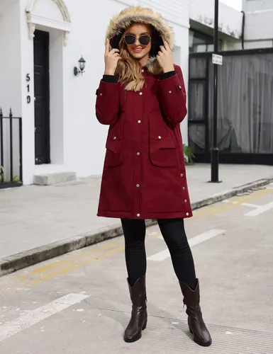 Vista 2 de Maacie Chaqueta de maternidad con forro polar grueso 2 en 1 con cinturón y capucha cálida para invierno