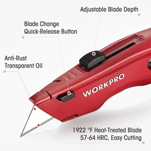Vista 2 de WORKPRO Cuchillo Utilitario Premium, Cortador de Caja Retractable Todo Metálico de Alta Resistencia, Cuchillo de Afeitar con Cambio Rápido
