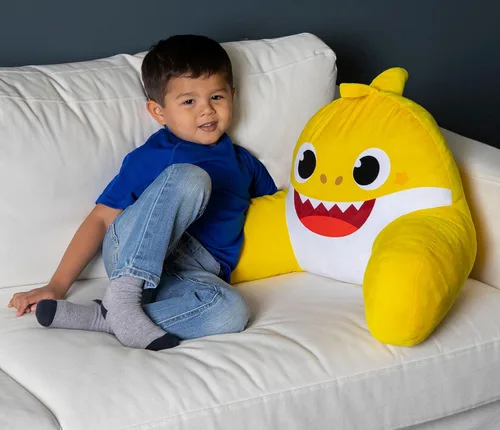Vista 4 de Baby Shark Almohada de descanso para la espalda para niños para leer y ver la televisión, almohada de descanso en cama con brazos para descansar
