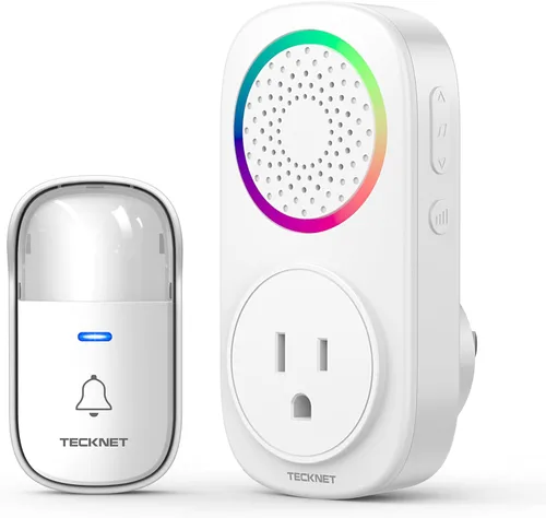 TECKNET Kit de timbre inalámbrico autoalimentado, timbre de puerta enchufable con luz RGB, 60 campanillas y 5 niveles de volumen, timbre de aula