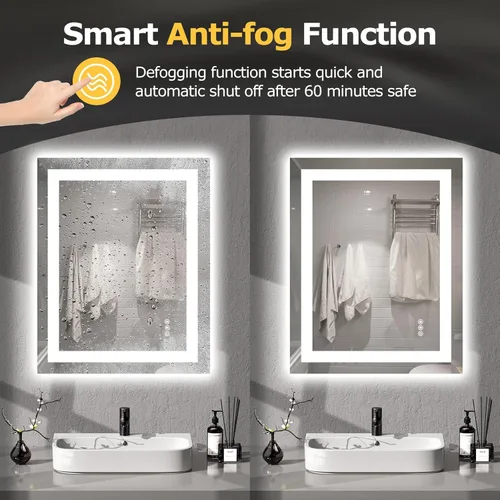 Vista 4 de Hivone - Espejo de baño LED de 24x30 pulgadas con luces, función antivaho, regulable, retroiluminado + iluminación frontal, espejo de tocador