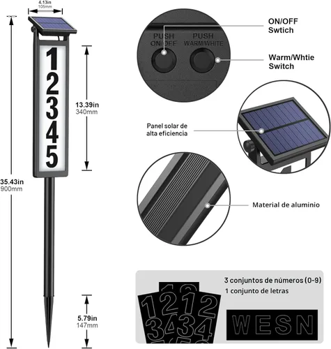 Vista 5 de Eyrosa Letrero de dirección con luz LED solar, números de casa para patio exterior, placa de números impermeable para exteriores, color negro