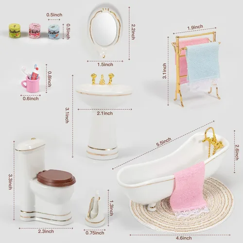 Vista 2 de Muebles de cerámica para casa de muñecas a escala 1 y 12, muebles para casa de muñecas, juguetes para casa de muñecas, baño, inodoro, bañera