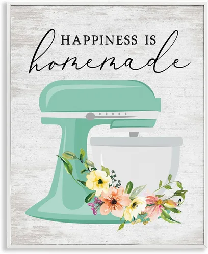 Stupell Industries Happiness is Homemade Phrase - Batidora de pie de cocina floral, diseñada por arte de pared con marco blanco con letras y líneas,