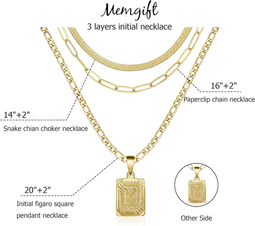 Vista 5 de Memgift Juego de collar en capas de oro, 3 piezas para mujeres y niñas, delicada gargantilla de serpiente con clip de papel, cadena Figaro de acero
