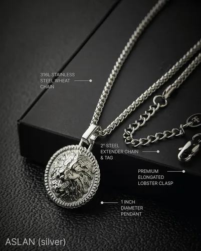 Vista 3 de Forge & Foundry Colgante de león para hombre con cadena de trigo ajustable de 21 pulgadas Aslan Diseño de joyería artesanal de Londres
