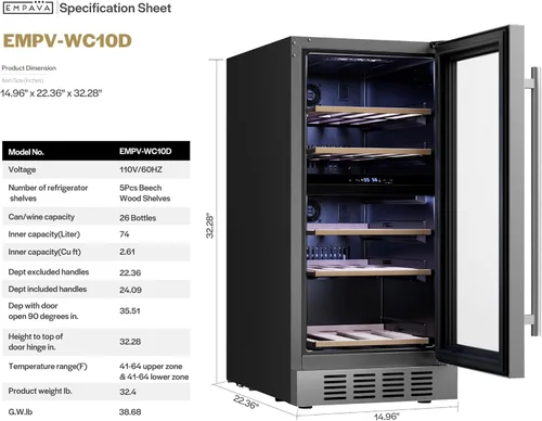 Vista 2 de Empava Refrigerador de vino de doble zona de 15 pulgadas con puerta de vidrio reversible, refrigerador independiente con luz LED, control táctil