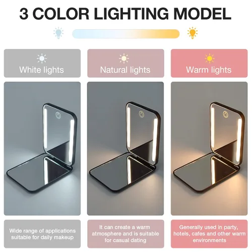 Vista 5 de Kintion Espejo de bolsillo recargable, espejo de tocador compacto de doble cara con aumento 1X/3X, 3 luces de color, regulable, pequeño espejo