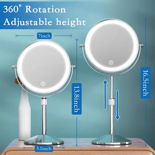 Vista 2 de Espejo de tocador con luces de 7 pulgadas, recargable 1x/10x, espejo de maquillaje iluminado, altura ajustable, espejo de doble cara con luces