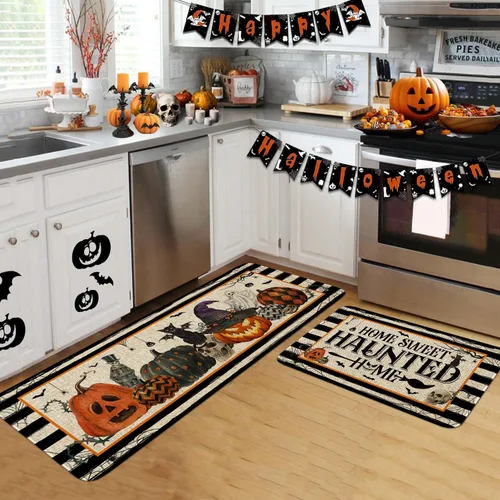 Vista 4 de Juego de 2 tapetes de cocina de Halloween, hogar encantado para el hogar, tapete de cocina de Halloween, decoración de cocina de Halloween