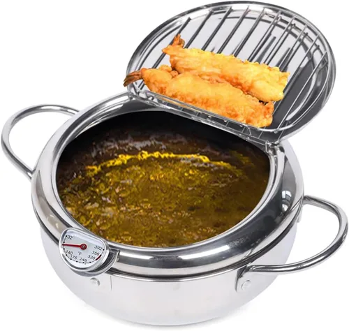 Olla para freidora profunda de 11 pulgadas con control de temperatura °F y escurridor de goteo de aceite para papas fritas, pollo, tempura japonesa