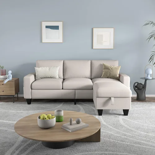 Vista 3 de Sofá seccional convertible de 78 pulgadas: Sofá en forma de L beige de 3 plazas con otomana de almacenamiento y bolsillos, moderno sofá tapizado