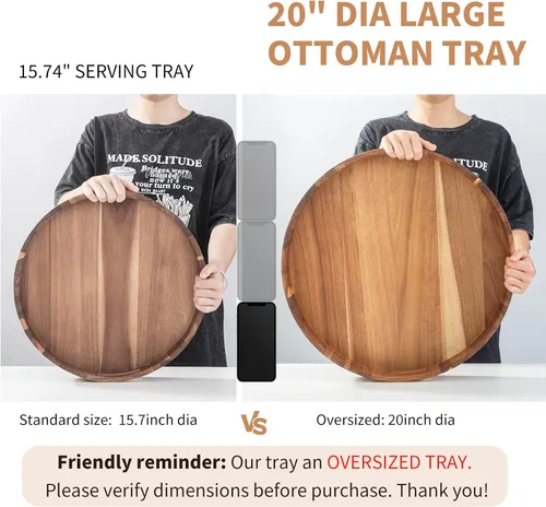 Vista 2 de Bandeja Redonda Extra Grande para Servir, 20 PULGADAS, Bandejas de Madera de Acacia Resistente para Mesa de Café Otomana Grande, Mostrador, Bandeja